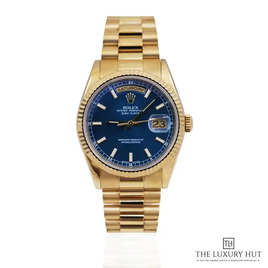 Rolex Day Date 36mm Gold Blue Baton 118238
