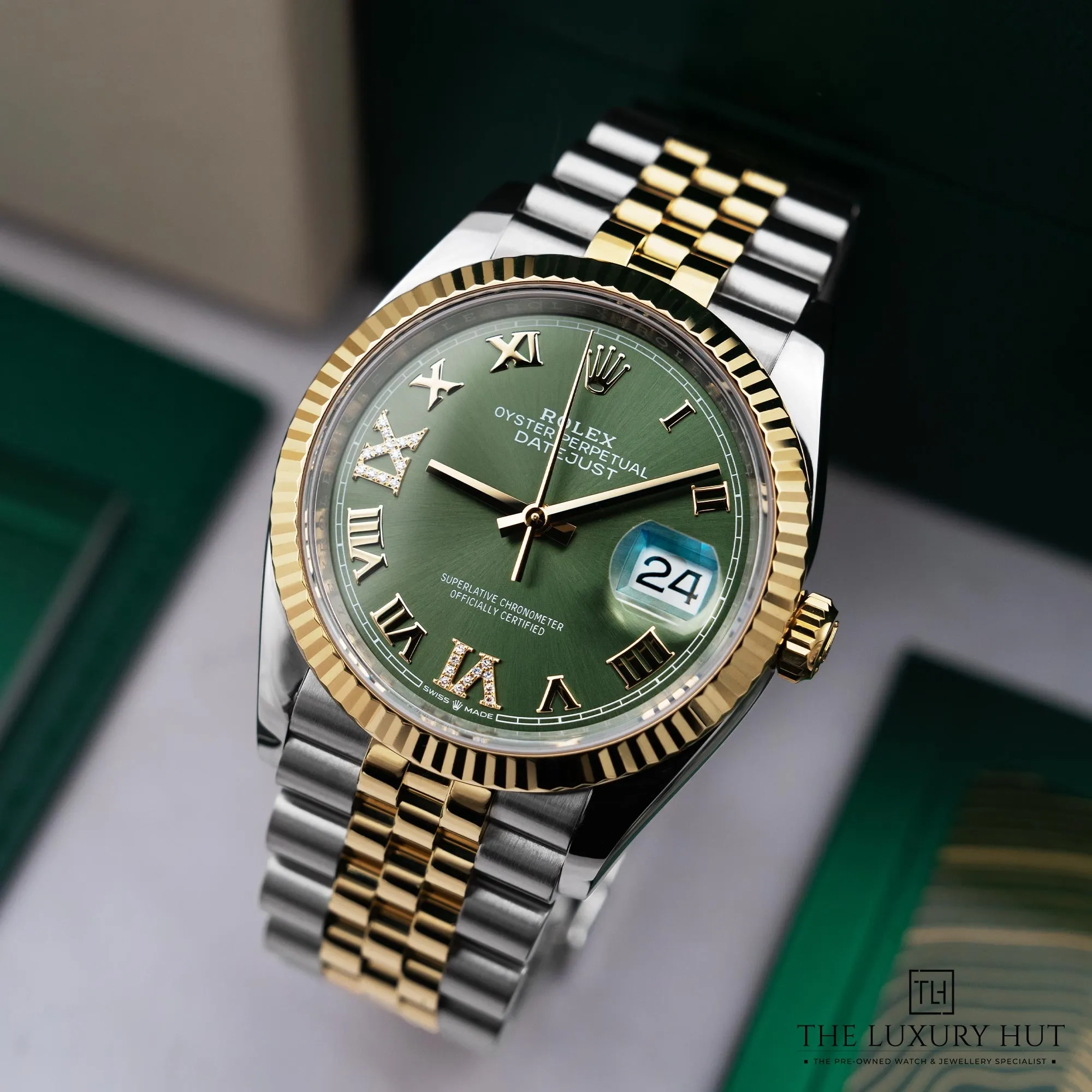 2026 10 7535b6aa 86e8 4d3a b484 6cb0c4c610b2Rolex Datejust 36 Olive Green Roman Diamond Dial LB1068 b jpg webp