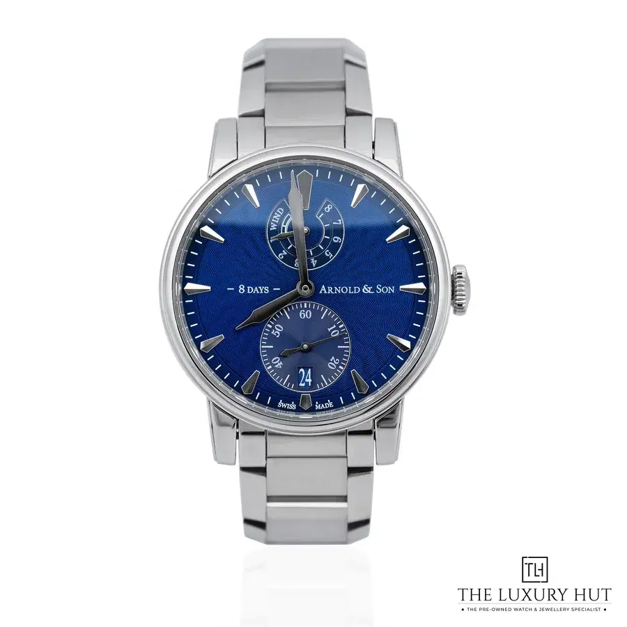 Arnold Son Eight Day Blue Steel 43 Guilloche Sea Wave Dial